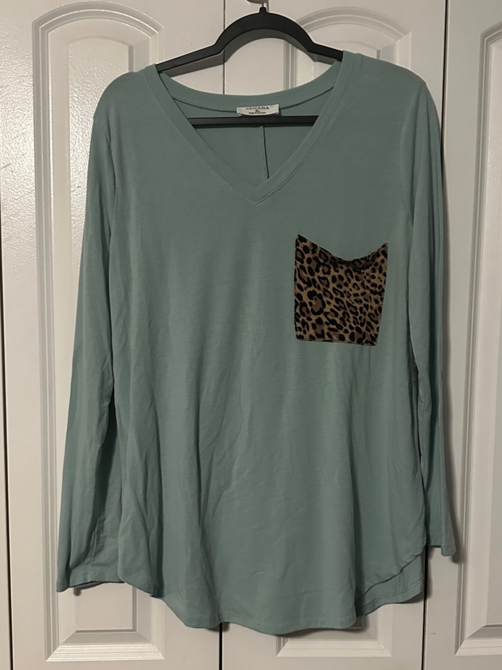 Zenana Teal V-Neck Top with Leopard Pocket